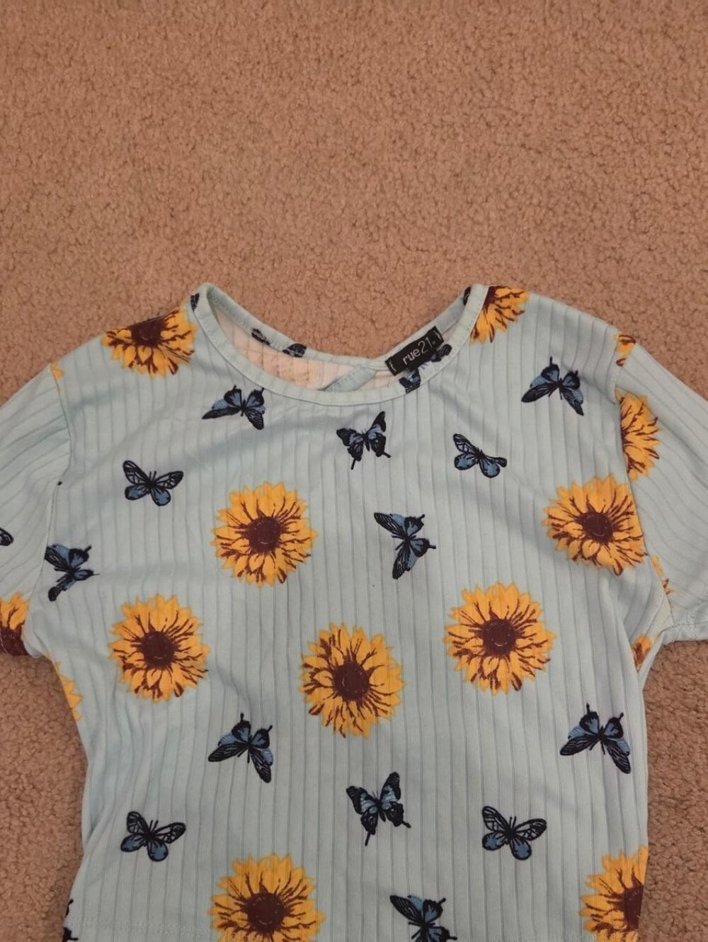 Rue21 Light Blue Sunflower & Blue Butterfly Ribbed Tee